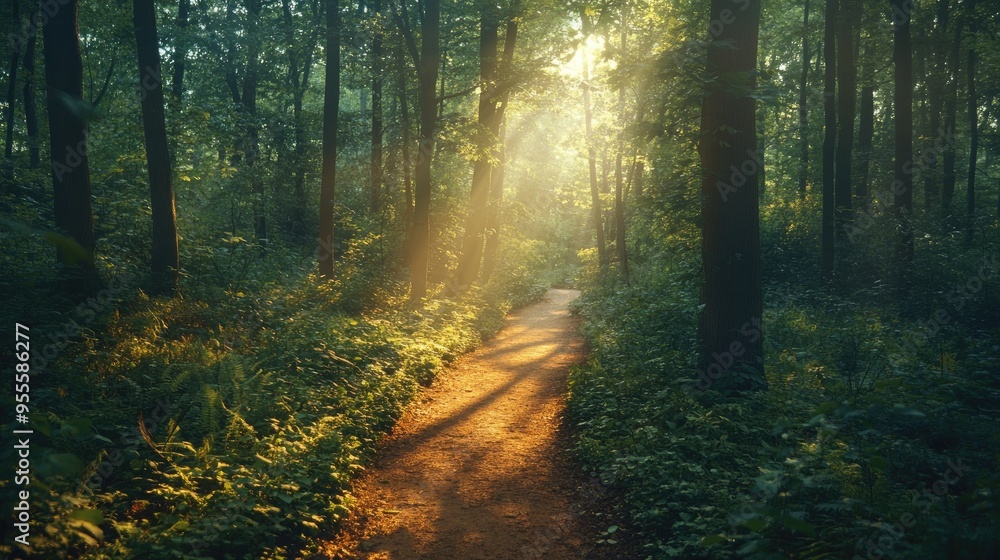 Fototapeta premium A winding trail through a dense forest with sunlight filtering through the trees, inviting exploration and adventure with ample space for copy.