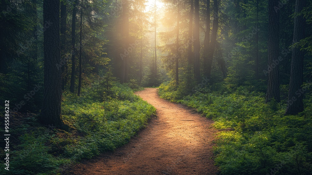 Fototapeta premium A winding trail through a dense forest with sunlight filtering through the trees, inviting exploration and adventure with ample space for copy.