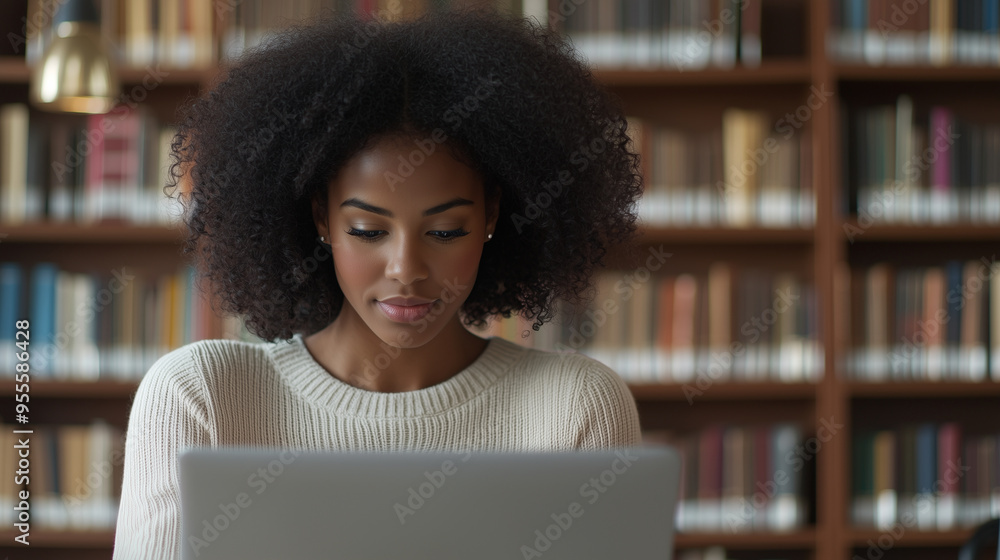 African American female student utilizing a computer for e-learning, with a concentration on her face and a background of library books and resources. photo African American female student utilizing a computer for e-learning, with a concentration on her face and a background of library books and resources. photo