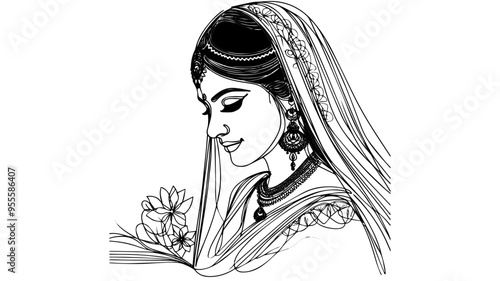 Portrait of an Indian bride in traditional outfit single line illustration vector