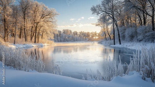 A winter scene of a frozen Minnesota lake, with snow-covered trees and a peaceful, quiet atmosphere.
