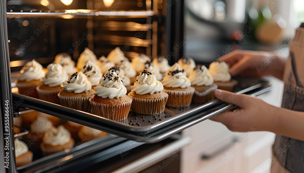 Woman taking baking tray with cupcakes from oven Woman taking baking tray with cupcakes from oven