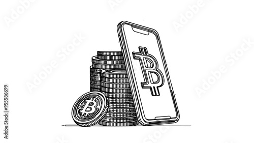 Smartphone with Bitcoin Coins  line art vector