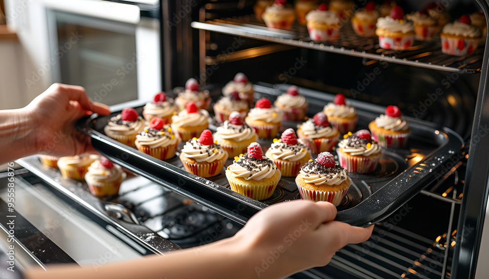 Woman taking baking tray with cupcakes from oven Woman taking baking tray with cupcakes from oven