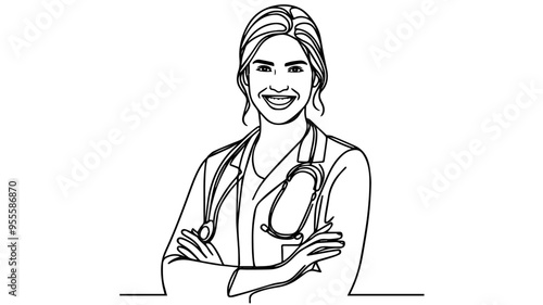 Smiling young female doctor with arms crossed line art vector