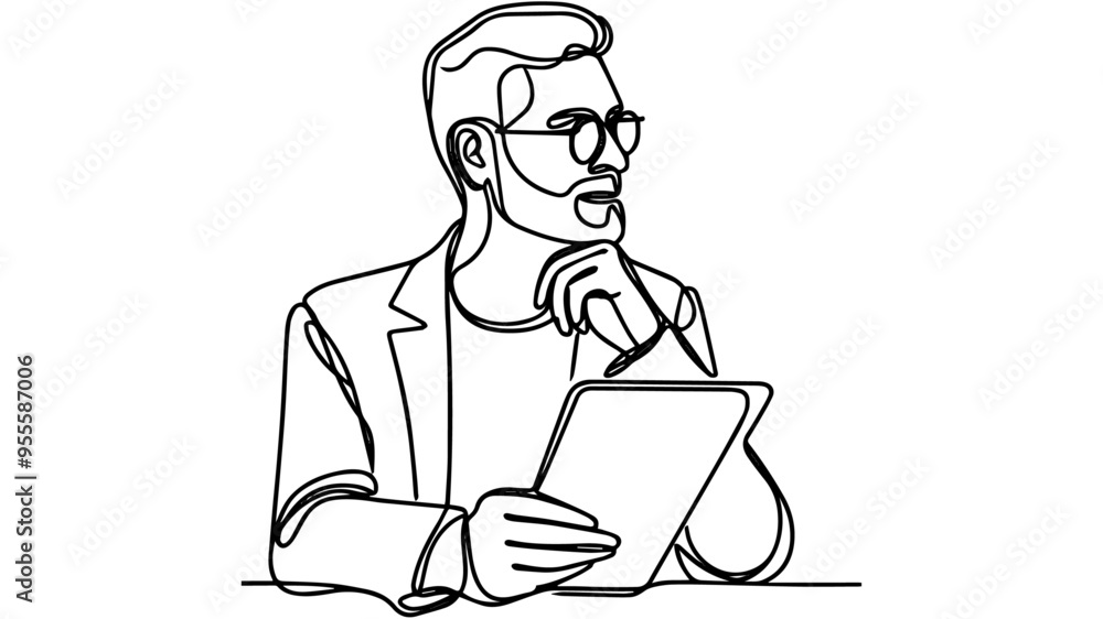 Stylish man holding tablet line art drawing Stylish man holding tablet line art drawing