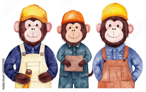 Three cute monkeys wearing construction outfits and hard hats. Cartoon illustration of monkeys dressed as construction workers.