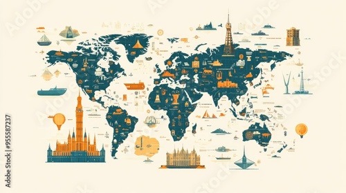 Fototapeta Naklejka Na Ścianę i Meble -  A world map with clear, bold travel icons and markers, emphasizing international travel. Clear space for messages.