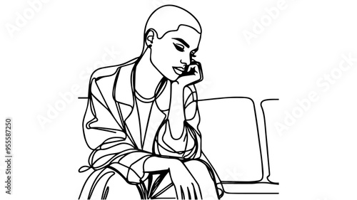 woman with a buzz cut shaved head sitting on a sofa line art vector