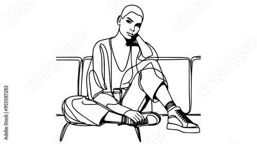 Stylish woman with a buzz cut shaved head sitting on a sofa line art drawing