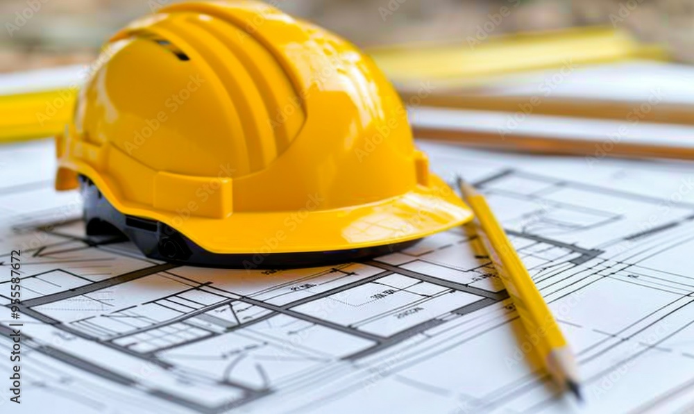 A detailed architectural floor plan rests on a table, accompanied by a vibrant yellow helmet and a pencil, symbolizing the essence of construction and design innovation A detailed architectural floor plan rests on a table, accompanied by a vibrant yellow helmet and a pencil, symbolizing the essence of construction and design innovation