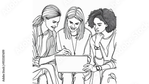Three diverse women collaborating on a project line art