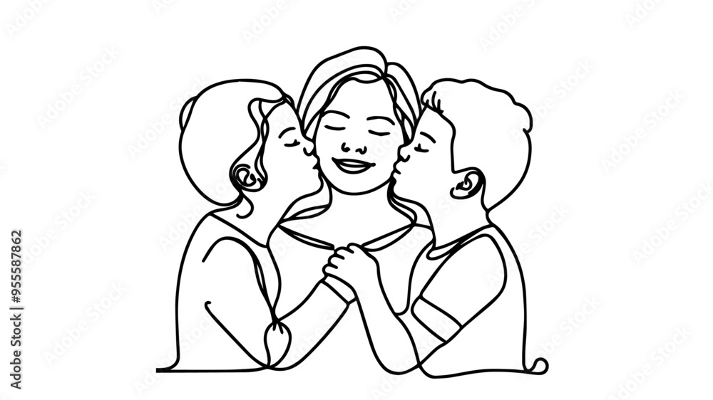 Two boys kissing their mother on cheeks line art drawing vector Two boys kissing their mother on cheeks line art drawing vector