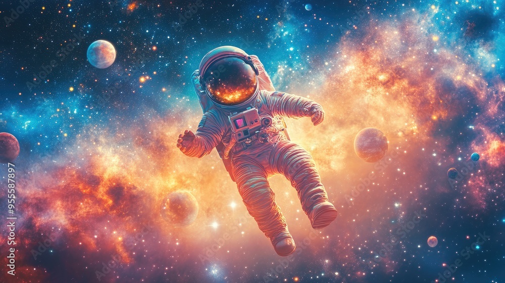Naklejka premium A young astronaut in a playful space suit, floating against a backdrop of stars and planets. Plenty of room for messages.