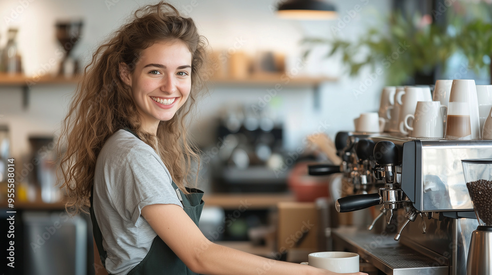 joyful female barista, radiating positivity, as she serves freshly made drinks at the bar, enhancing the welcoming vibe of the coffee shop. photo joyful female barista, radiating positivity, as she serves freshly made drinks at the bar, enhancing the welcoming vibe of the coffee shop. photo