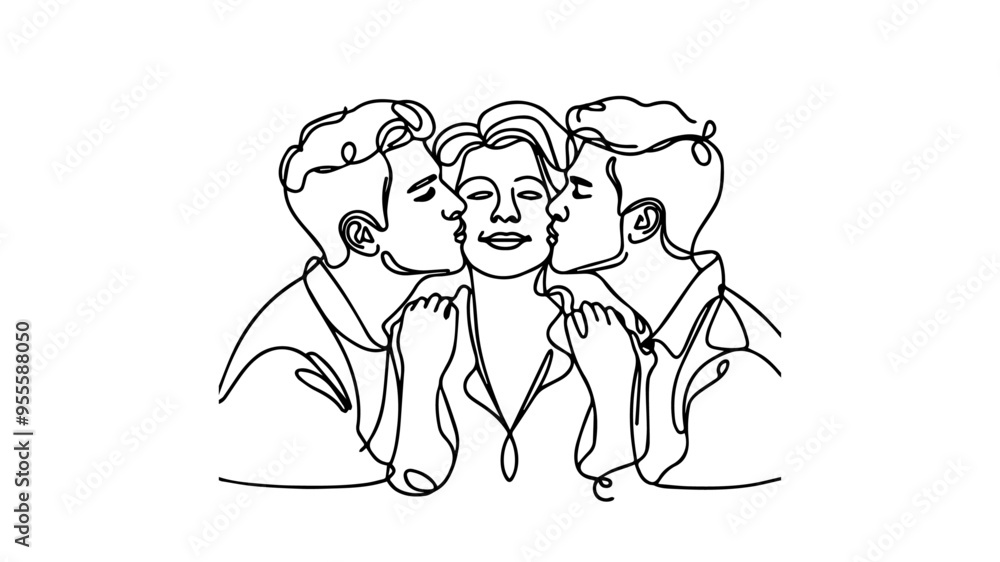Two men kissing their mother on cheeks single line drawing Two men kissing their mother on cheeks single line drawing