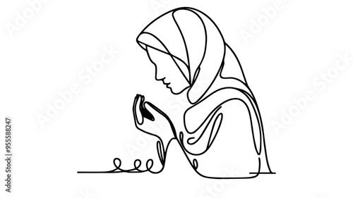 muslim woman in hijab praying line art illustration