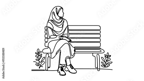 woman in hijab sitting on a bench line art vector