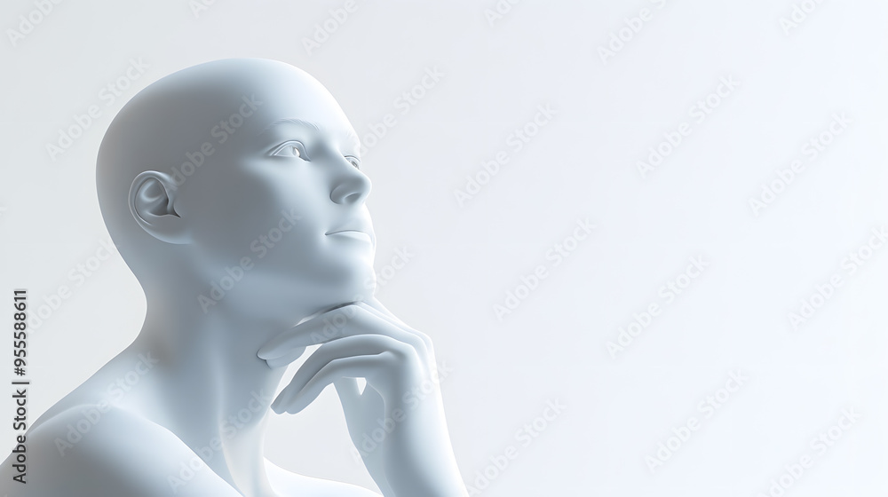 Thinking humanoid robot side view with white copy space for text, isolated on white background. Thinking humanoid robot side view with white copy space for text, isolated on white background.