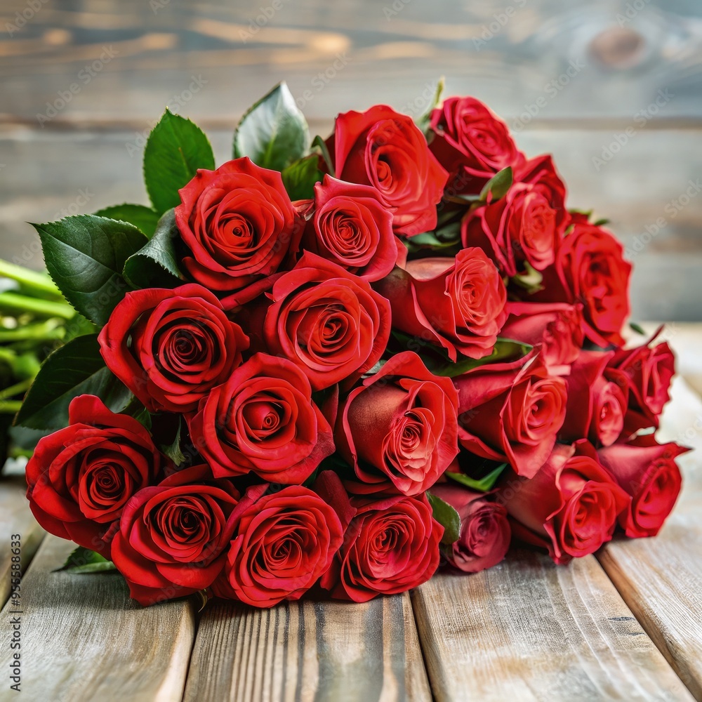 A vibrant bouquet of red roses arranged on a rustic wooden table. Generative AI A vibrant bouquet of red roses arranged on a rustic wooden table. Generative AI