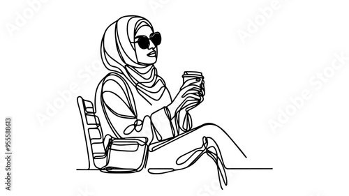 woman in hijab wearing sunglasses, sitting on a bench and enjoying coffee one line art