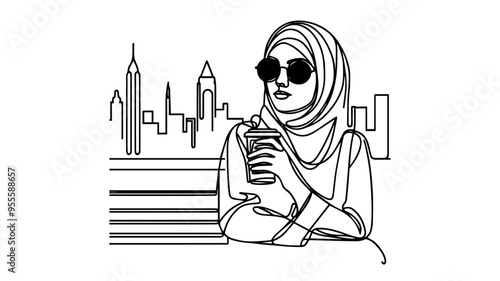 woman in hijab wearing sunglasses, sitting on a bench and holding cup coffee line art 