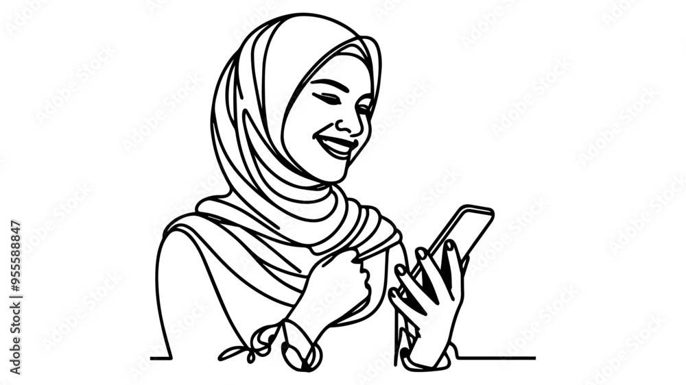 Woman wearing a hijab smiling using her phone line art Woman wearing a hijab smiling using her phone line art