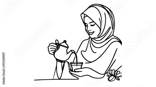 woman wearing hijab pouring arab tea line art illustration