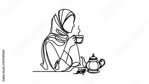 woman wearing hijab simping arab tea single line vector