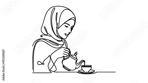 woman wearing hijab pouring  tea line art vector