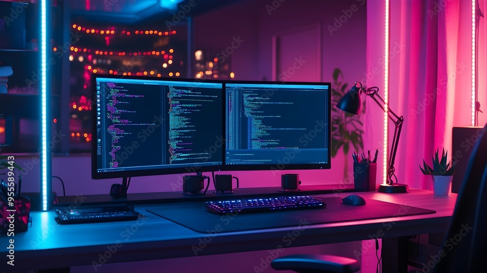 Futuristic Neon Lit Workspace with Dual Displays for Dynamic Web Design and Programming Futuristic Neon Lit Workspace with Dual Displays for Dynamic Web Design and Programming