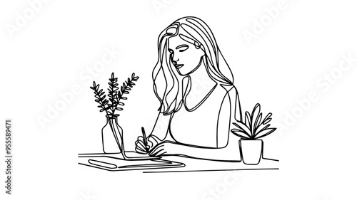 Woman working at her desk line art vector