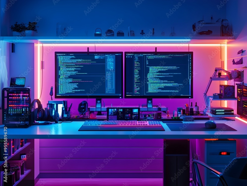 Radiant Neon tinged Workbench with Mesmerizing Web Design Prototypes and High tech Equipment Radiant Neon tinged Workbench with Mesmerizing Web Design Prototypes and High tech Equipment