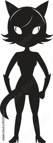 Black cute cat girl silhouette vector art illustration, cute cat girl silhouette,