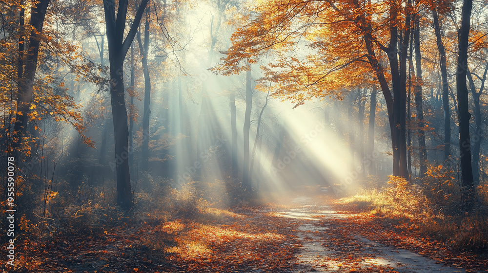 Obraz premium Morning sunrays in late autumn forest. Beautiful fall landscape, trees with leaves in autumn colors. Laeves on the ground. Natural light. Sunbeams in autumn forest. Background poster, autumn mockup.