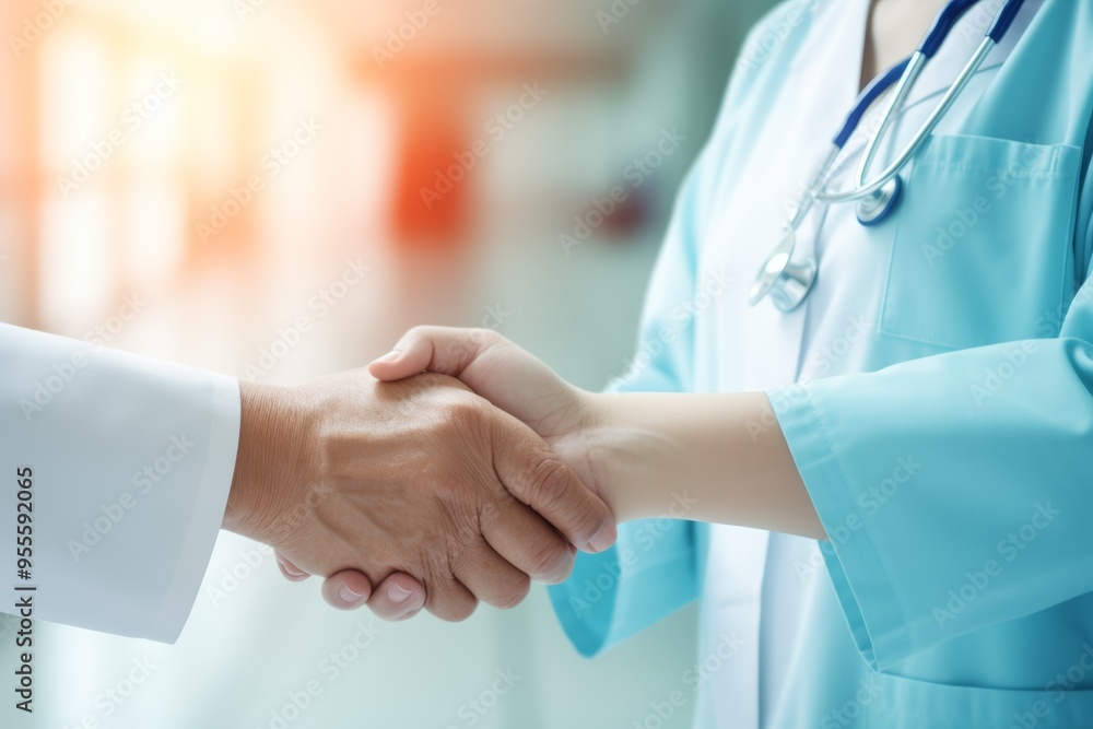 Medicine and health care concept, Professional Male doctor in white coat handshake with patient after successful recommend treatment methods. Medicine and health care concept, Professional Male doctor in white coat handshake with patient after successful recommend treatment methods.