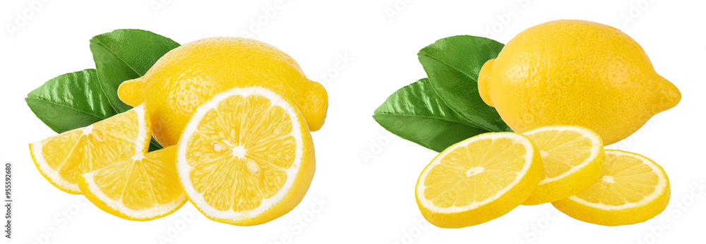 Fototapeta premium Ripe lemon with half and slices isolated on white background with full depth of field.