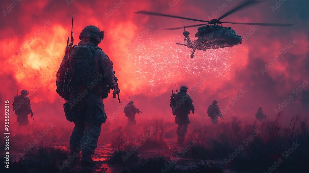 Silhouetted Soldiers Advancing in a Fiery Battlefield with Helicopter Support, Depicting Tactical Operations and Network Connectivity in War Silhouetted Soldiers Advancing in a Fiery Battlefield with Helicopter Support, Depicting Tactical Operations and Network Connectivity in War