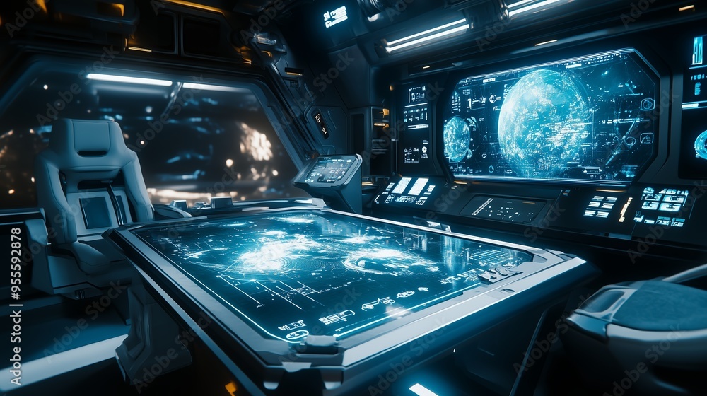 Futuristic control room featuring advanced technology, digital displays, and starry backdrop in a spacecraft during space exploration Futuristic control room featuring advanced technology, digital displays, and starry backdrop in a spacecraft during space exploration