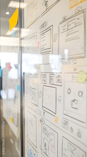 Vibrant hand crafted website wireframe clustered on an expansive glass whiteboard showcasing a