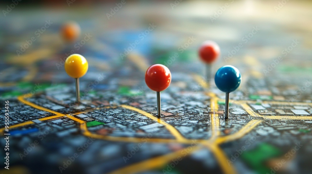 Colorful pins on a map Colorful pins on a map
