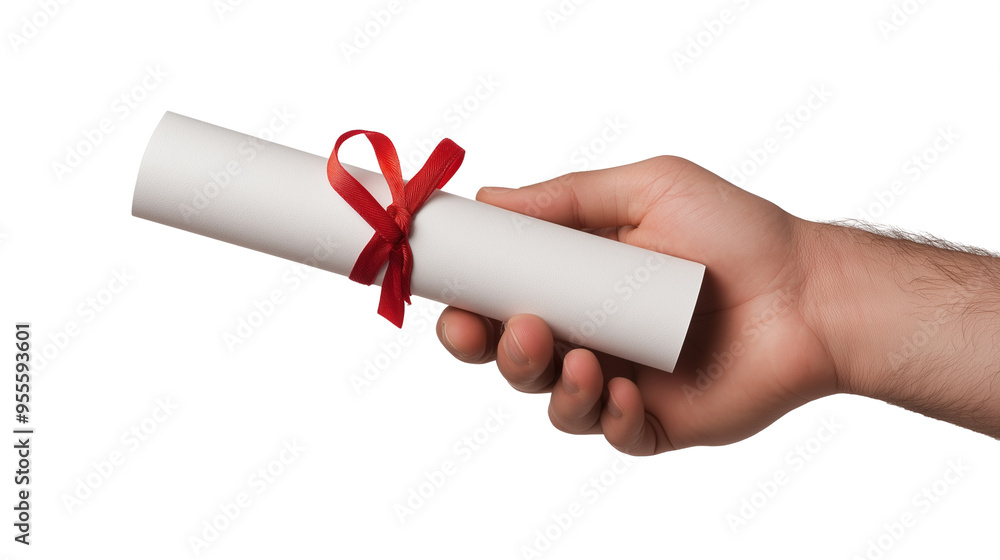 Hand holding graduation diploma with red bow isolated on transparent background Hand holding graduation diploma with red bow isolated on transparent background
