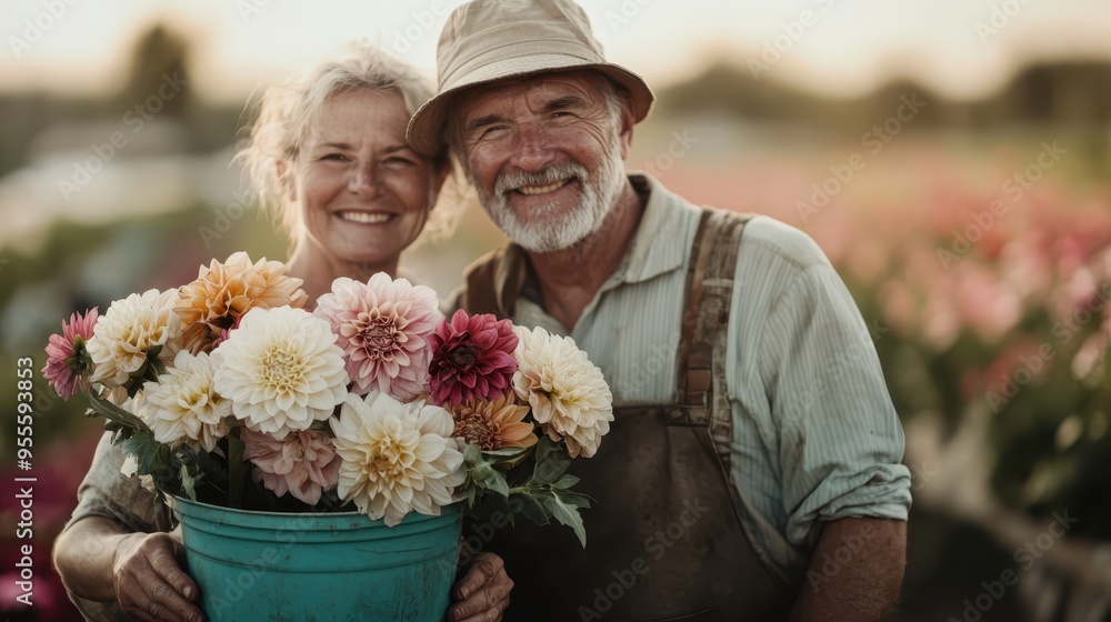 A happy elderly couple holds a bucket of vibrant flowers, capturing a moment of joy and fulfillment through gardening in a sunny, serene outdoor environment. A happy elderly couple holds a bucket of vibrant flowers, capturing a moment of joy and fulfillment through gardening in a sunny, serene outdoor environment.