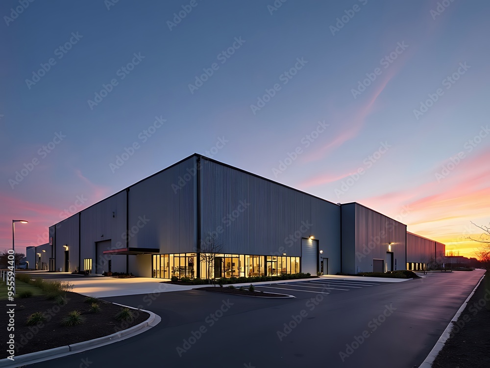 modern factory building at sunset modern factory building at sunset