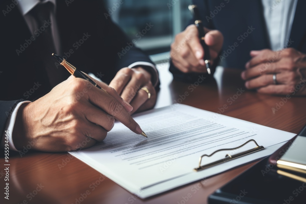 Hands of lawyer pointing at paper for businessperson signing contract. Solicitor, legal advisor helping mature client to fill up document Hands of lawyer pointing at paper for businessperson signing contract. Solicitor, legal advisor helping mature client to fill up document