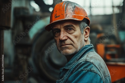 Older Man Blue Collar. Senior Engineer at Work in Metal Foundry Factory