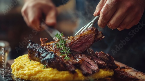 Jerkey Closeup. Chef Preparing Delicious Lamb Jerkey on Polenta photo