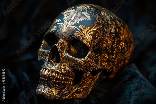 Golden Elegance: A Mysterious Skull Displaying Luxury AgainstDark Velvet Background photo