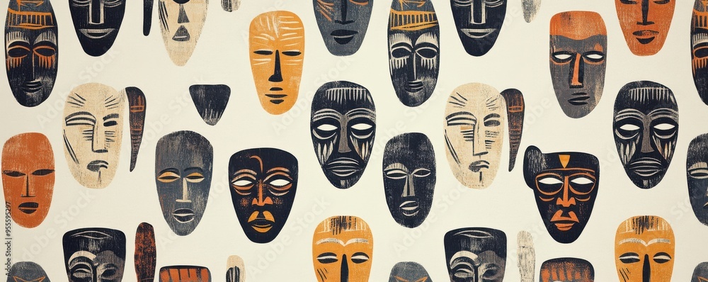 Minimalist wallpaper with a pattern of traditional African masks featuring bold colors and intricate design Minimalist wallpaper with a pattern of traditional African masks featuring bold colors and intricate design
