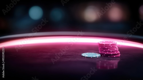 A stack of red and white poker chips is displayed on a neon-lit table, capturing the vibrant, high-stakes atmosphere of a casino, emphasizing the excitement and allure of gambling. photo